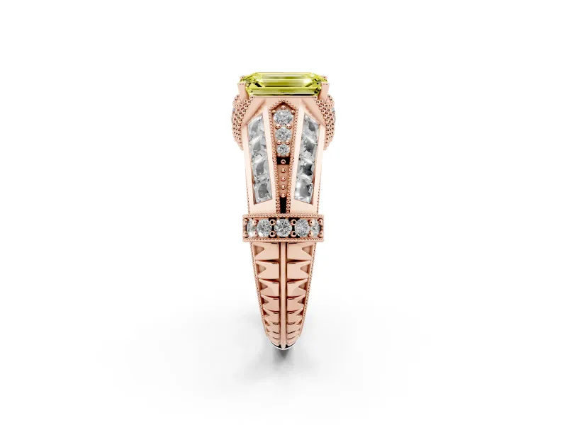 Fancy Yellow Emerald Cut Diamond Vintage-Inspired Milgrain Ring Set in Rose gold with Accent Split Shank