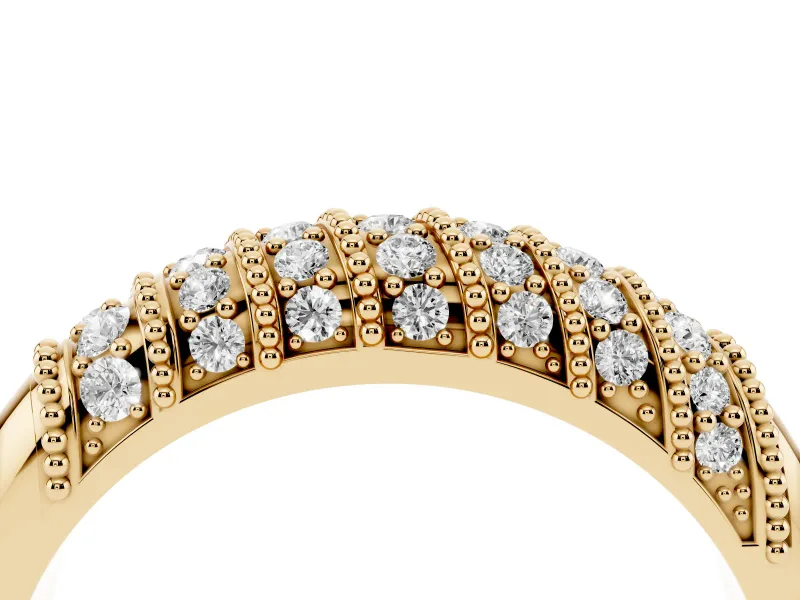 Round Lab-Grown Diamond Diagonal Pavé Dome Wedding Band | Milgrain Bars | Yellow Gold