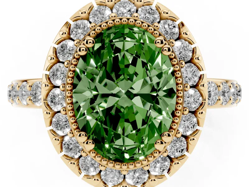 Oval Vintage Milgrain Halo Engagement Ring Setting for a Fancy Green Lab-Grown Diamond | Pierced Gallery | Yellow Gold