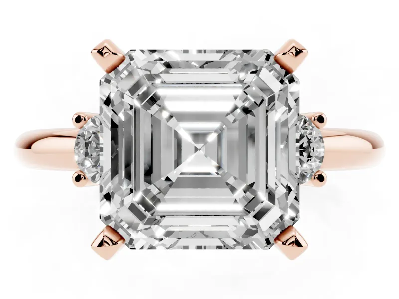 Three-Stone Asscher Cut Diamond Ring Set in Rose gold with Prong Setting and Plain Band
