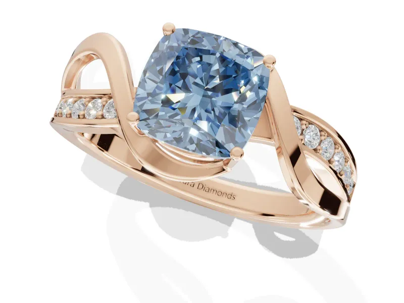 Cushion Cut Bypass Solitaire Engagement Ring Setting for a Fancy Blue Lab-Grown Diamond | Pavé Strands | Rose Gold