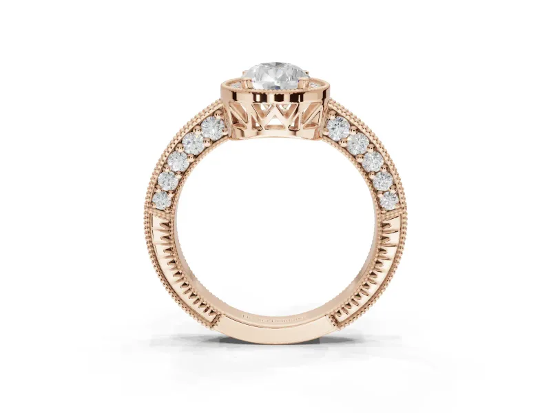Pear-Shaped Vintage Milgrain Halo Engagement Ring Setting | Wide Pavé Band | Rose Gold