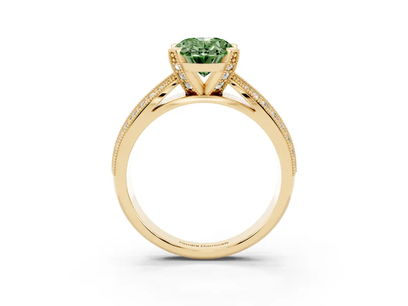 Fancy Green Oval Cut Diamond Solitaire Ring Set in Yellow gold with Milgrain Double Row Round Pavé Band
