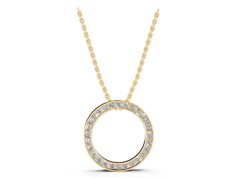 Round Lab-Grown Diamond Channel Set Open Circle Pendant Necklace | Smooth Rims | Yellow Gold
