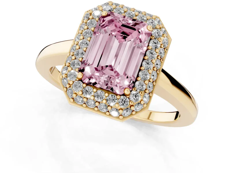 Fancy Pink Emerald Cut Diamond Halo Engagement Ring Set in Yellow gold with Solitaire Band and Prong Setting
