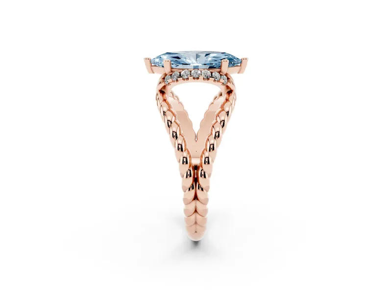 Fancy Blue Marquise Cut Diamond Halo Ring Set in Rose gold with Twisted Band and Prong Setting