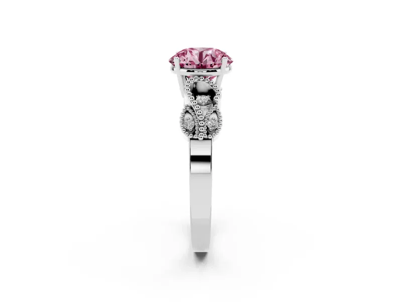 Fancy Pink Round Cut Diamond Milgrain Leaf Band Solitaire Ring Set in White gold with Accent Stones and Prong Setting