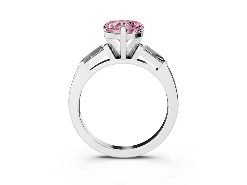 Fancy Pink Heart Cut Diamond Solitaire Ring Set in Silver with Tapered Baguette Side Stones and Prong Setting