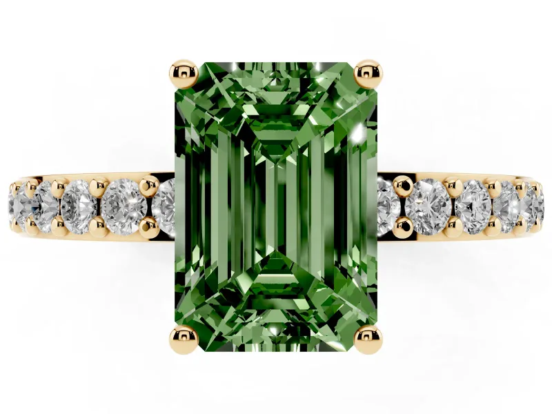 Emerald Cut Pavé Solitaire Engagement Ring Setting for a Fancy Green Lab-Grown Diamond | Single Row Band | Yellow Gold