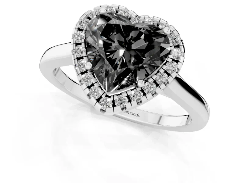 Fancy Black Heart Cut Halo Round Diamond Solitaire Ring Set in White gold with Pavé Band and Prong Setting