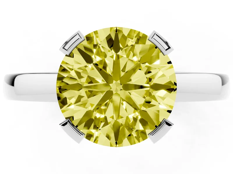 Fancy Yellow Round Cut Diamond Solitaire Ring Set in Platinum with Prong Head and Smooth Polished Band