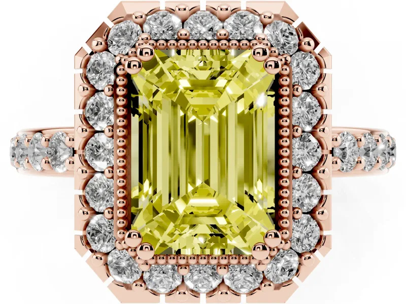 Emerald Cut Milgrain Halo Engagement Ring Setting for a Fancy Yellow Lab-Grown Diamond | Pavé Shoulders | Rose Gold