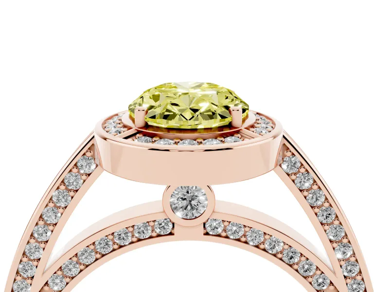 Fancy Yellow Oval Cut Diamond Halo Pavé Split Shank Ring Set in Rose gold with Prong Setting