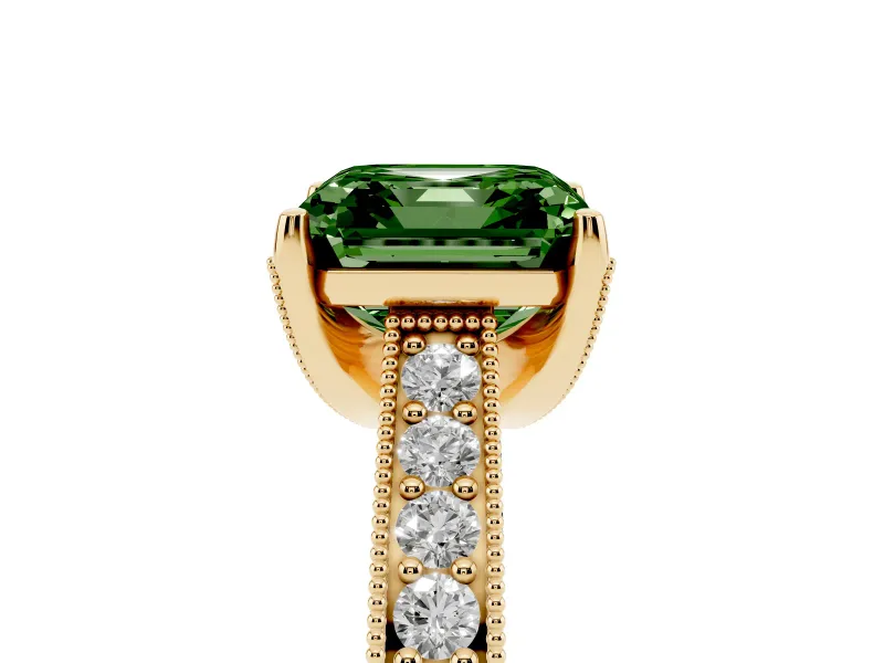 Asscher Cut Hidden Halo Engagement Ring Setting for a Fancy Green Lab-Grown Diamond | Milgrain Pave | Yellow Gold