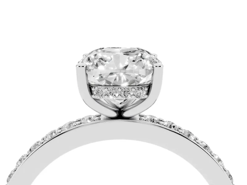 Cushion Cut Diamond Pavé Band Ring Set in Silver with Prong-Set Center Stone