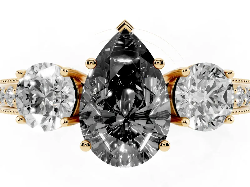 Pear-Shaped Vintage Three Stone Engagement Ring Setting for a Black Center | Graduated Milgrain Pavé | Yellow Gold