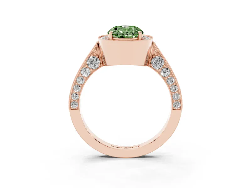 Oval Milgrain Halo Engagement Ring Setting for a Fancy Green Lab-Grown Diamond | Side Stones | Rose Gold