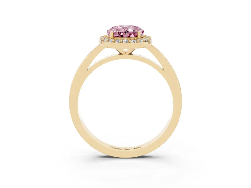 Oval Thin Halo Engagement Ring Setting for a Fancy Pink Lab-Grown Diamond | Plain Band | Yellow Gold