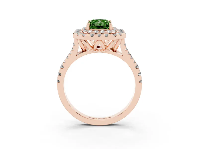 Radiant Cut Halo Split Shank Engagement Ring Setting for a Fancy Green Lab-Grown Diamond | Pavé Strands | Rose Gold