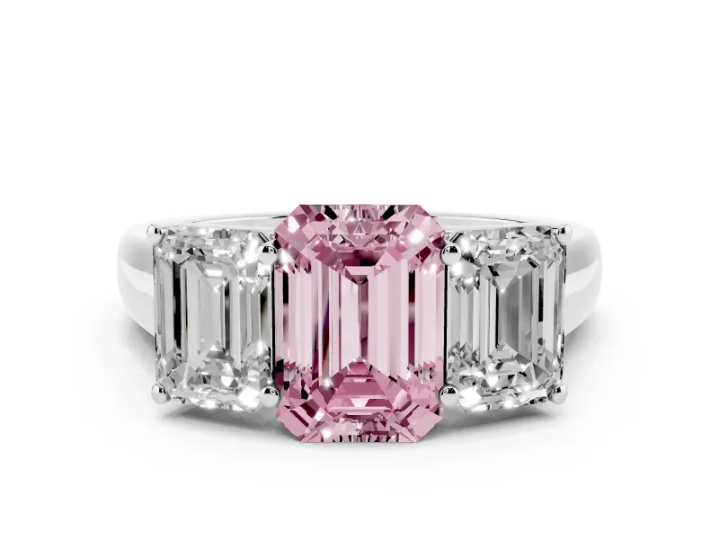 Fancy Pink Emerald Cut Diamond Three-Stone Ring Set in White gold with Plain Polished Band