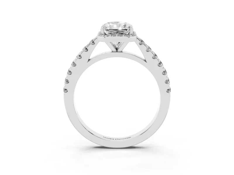 Radiant Cut Diamond Halo Engagement Ring Set in White gold with Pavé Band and Prong Setting