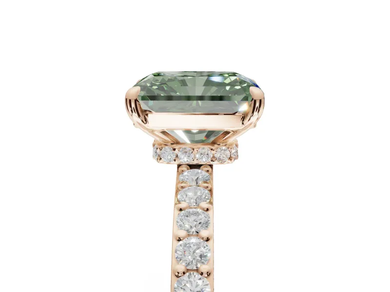 Radiant Cut Hidden Halo Engagement Ring Setting for a Fancy Green Lab-Grown Diamond | Pavé Band | Rose Gold