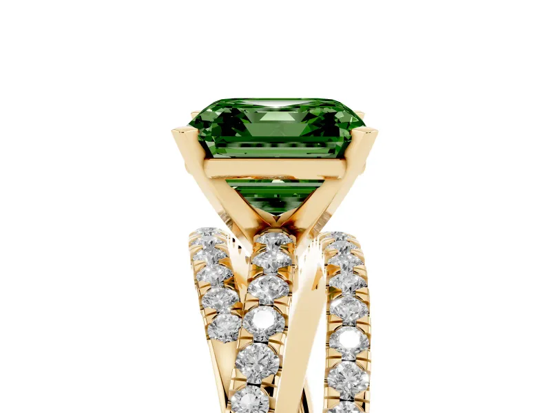 Fancy Green Asscher Cut Diamond Solitaire Twist Band Ring Set in Yellow gold with Pavé Setting and Prong Head
