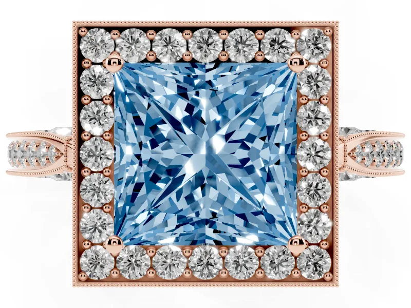 Princess Cut Milgrain Halo Engagement Ring Setting for a Fancy Blue Lab-Grown Diamond | Side Stones | Rose Gold