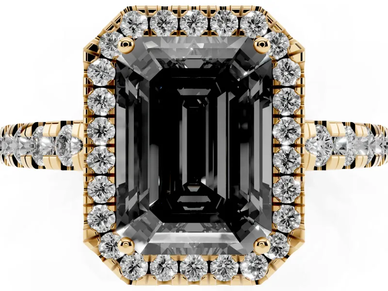 Fancy Black Emerald Cut Diamond Halo Ring Set in Yellow gold with Delicate Pavé Band and Prong Setting