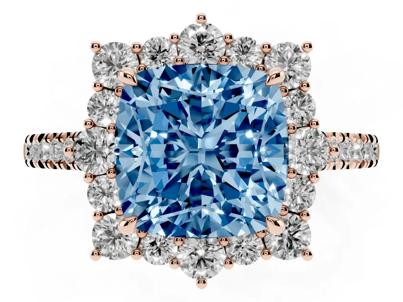 Cushion Cut Scalloped Halo Engagement Ring Setting for a Fancy Blue Lab-Grown Diamond | Single Row Pave | Rose Gold