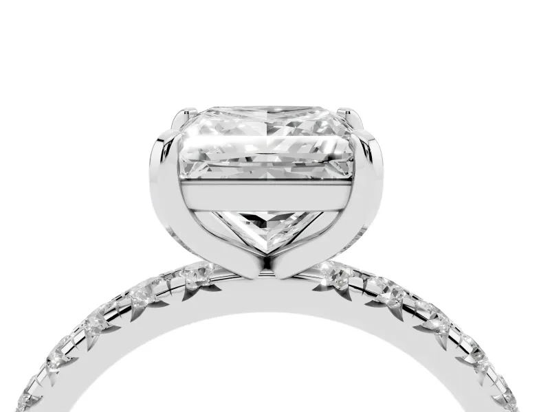 Princess Cut Diamond Pavé Solitaire Ring Set in Platinum with Round Band and Prong Setting