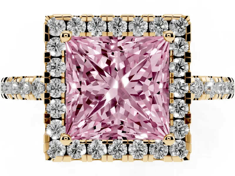Fancy Pink Princess Cut Diamond Pavé Band Halo Engagement Ring Set in Yellow gold with Prong Setting