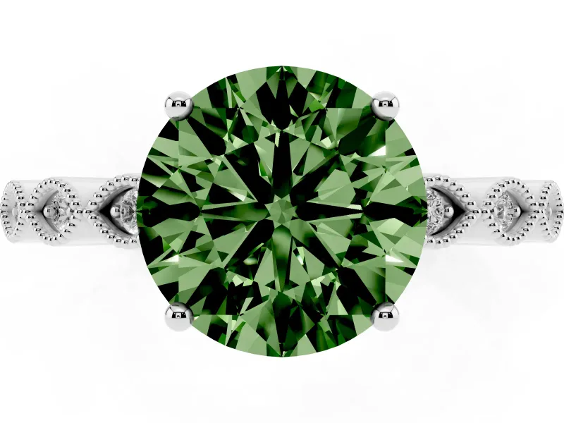 Fancy Green Round Cut Diamond Solitaire Ring Set in White gold with Infinity Twist Pavé Band