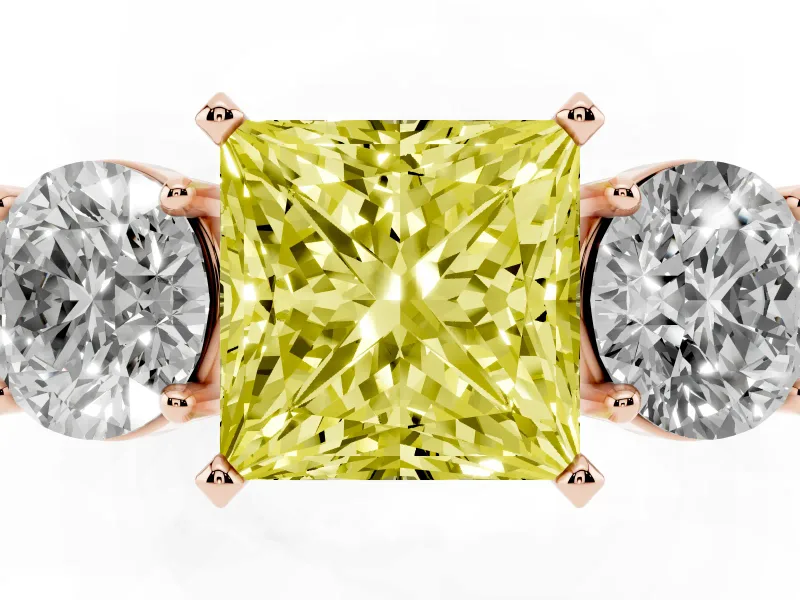 Princess Cut Three Stone Engagement Ring Setting for a Fancy Yellow Lab-Grown Diamond | Wide Plain Band | Rose Gold