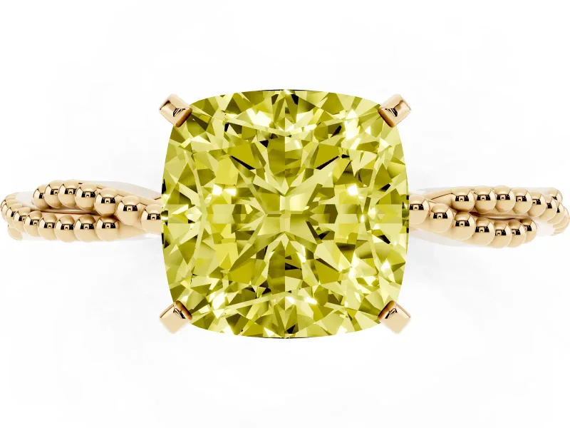 Fancy Yellow Cushion Cut Diamond Solitaire Ring Set in Yellow gold with Twisted Band and Bead Prong Setting