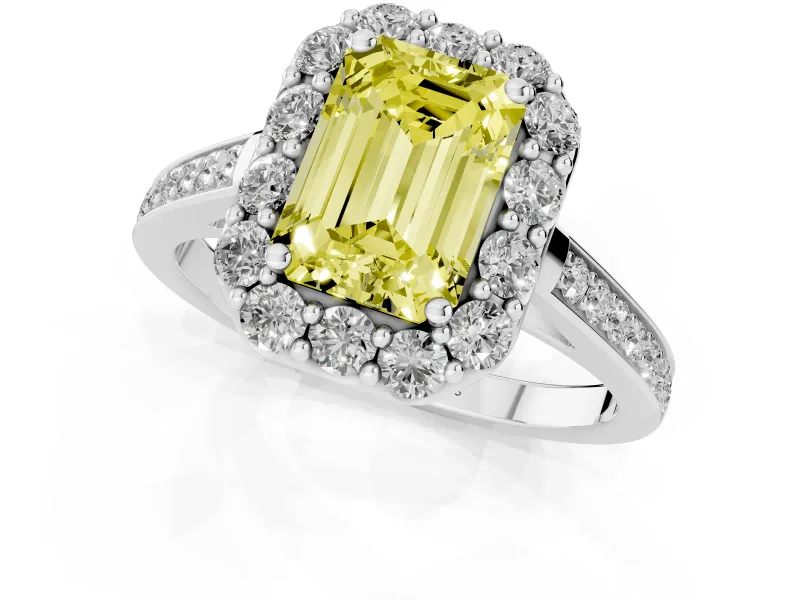 Fancy Yellow Emerald Cut Diamond Floral Halo Ring Set in Silver with Pavé Band and Prong Setting