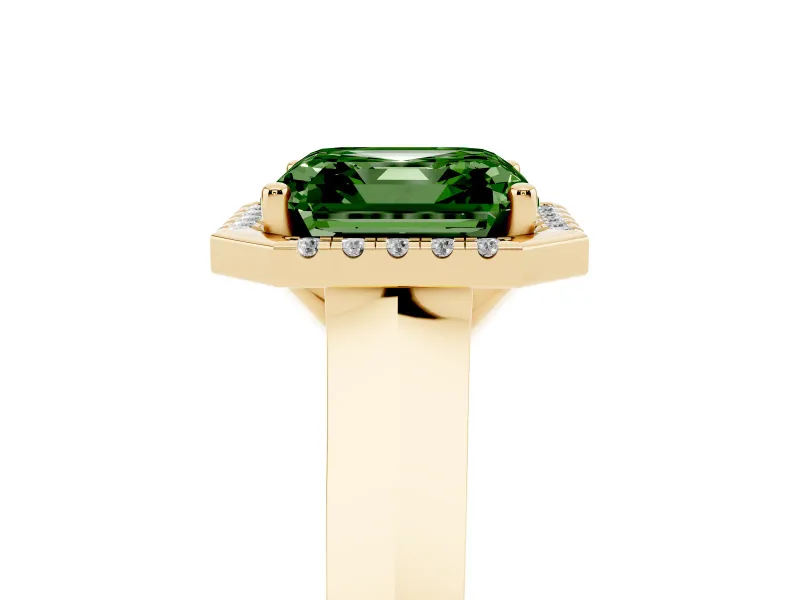 Fancy Green Asscher Cut Diamond Halo Ring Set in Yellow gold with Cathedral Band and Prong Setting