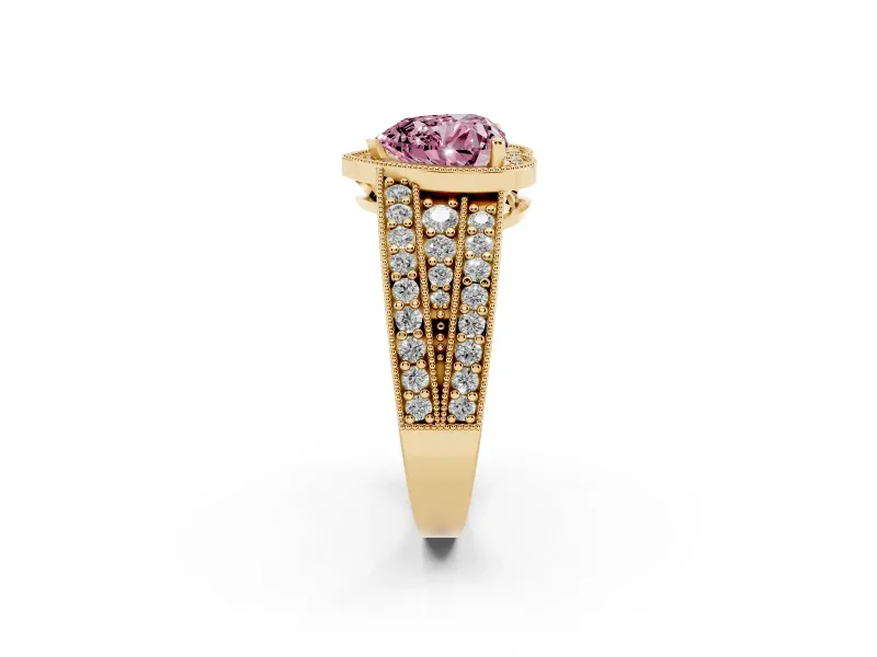 Fancy Pink Heart Cut Diamond Halo Ring Set in Yellow gold with Accent Split Shank and Prong Setting