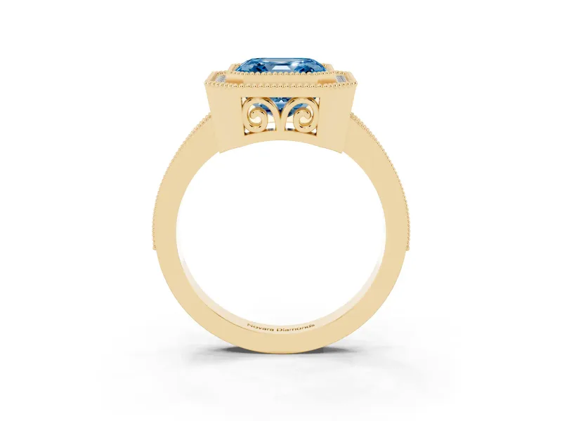 Asscher Cut Milgrain Halo Engagement Ring Setting for a Fancy Blue Lab-Grown Diamond | Yellow Gold