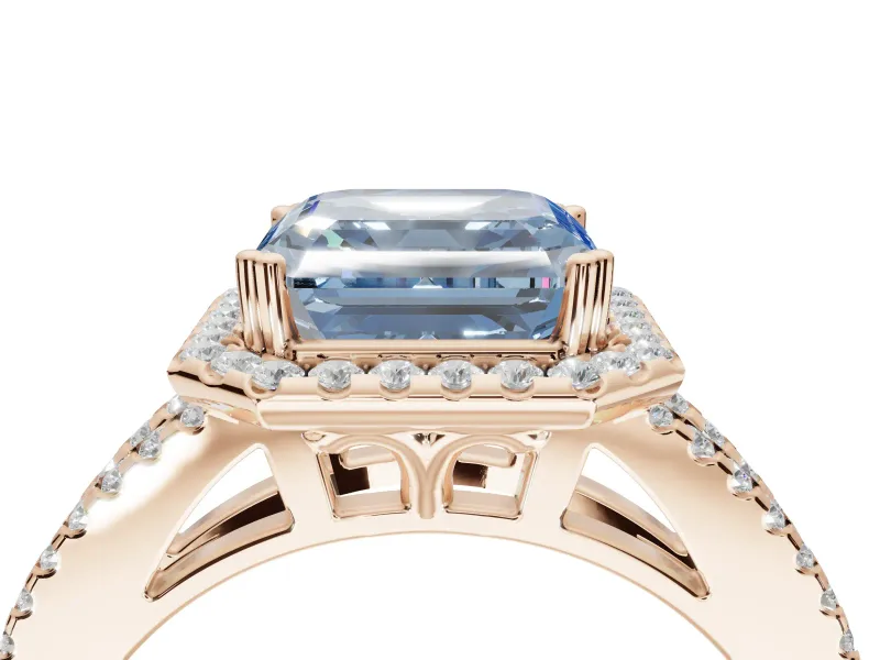 Asscher Cut Halo Split Shank Engagement Ring Setting for a Fancy Blue Lab-Grown Diamond | Pavé Shoulders | Rose Gold
