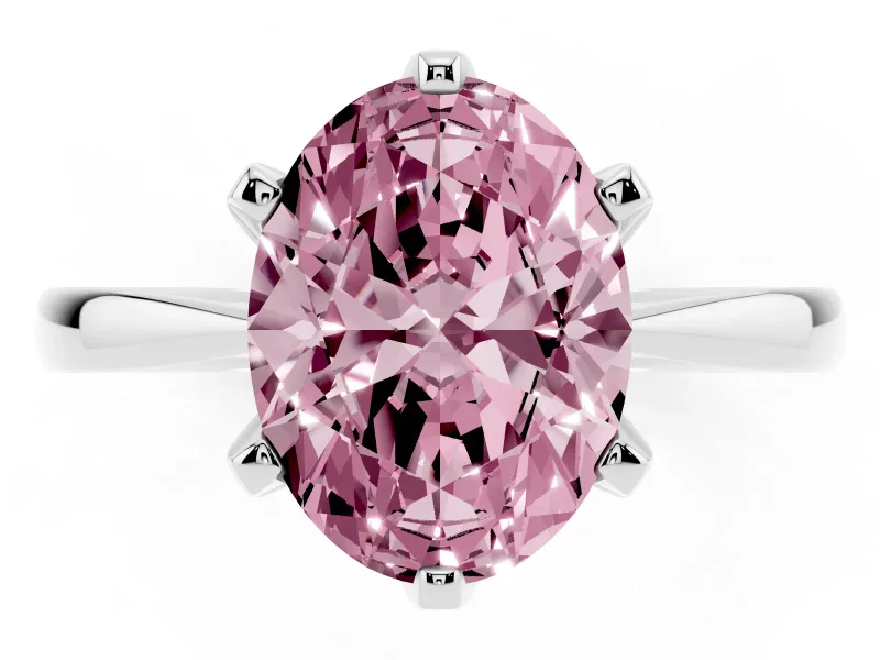 Fancy Pink Oval Cut Diamond Solitaire Engagement Ring Set in Silver with Slim Tapered Solitaire Band