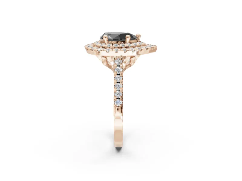 Pear-Shaped Double Halo Engagement Ring Setting for a Black Center | Pavé Shoulders | Rose Gold
