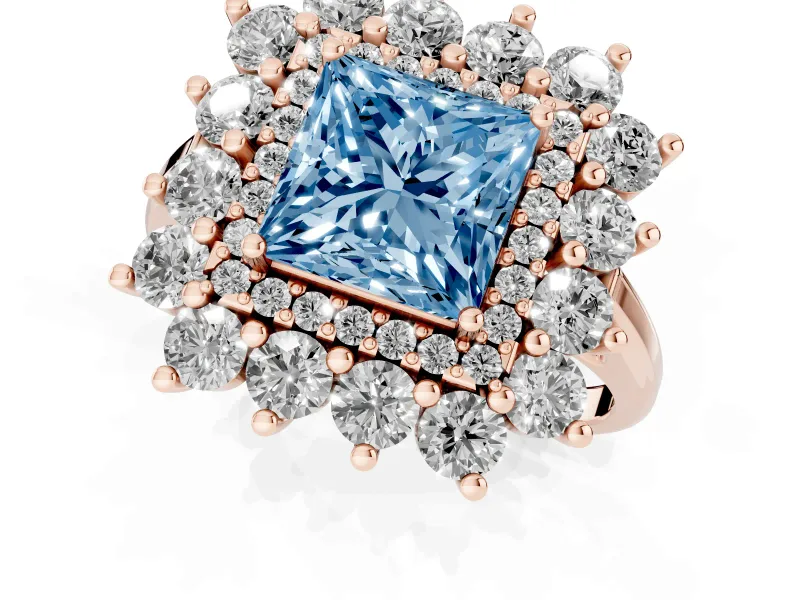 Princess Cut Floral Double Halo Engagement Ring Setting for a Fancy Blue Lab-Grown Diamond | Plain Band | Rose Gold