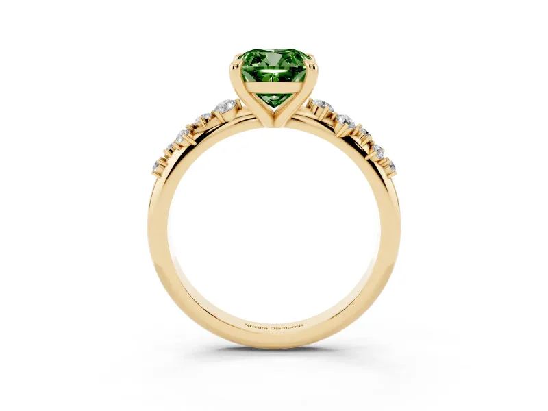 Fancy Green Cushion Cut Diamond Solitaire Vine Band Ring Set in Yellow gold with Round Accents and Prong Setting