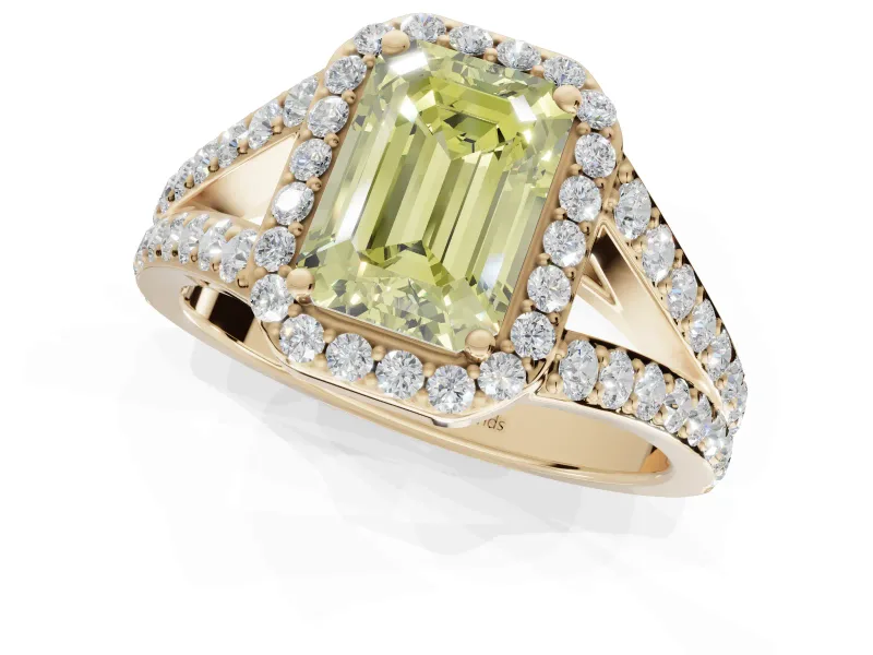 Emerald Cut Halo Pavé Engagement Ring Setting for a Fancy Yellow Lab-Grown Diamond | Narrow Split Shank | Yellow Gold