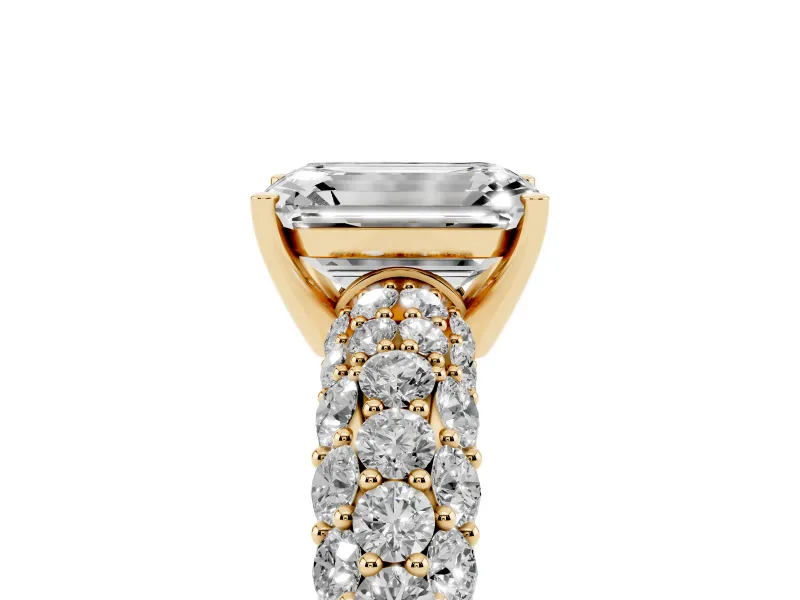 Emerald Cut Multi Row Pave Solitaire Engagement Ring Setting | Domed Shoulders | Yellow Gold