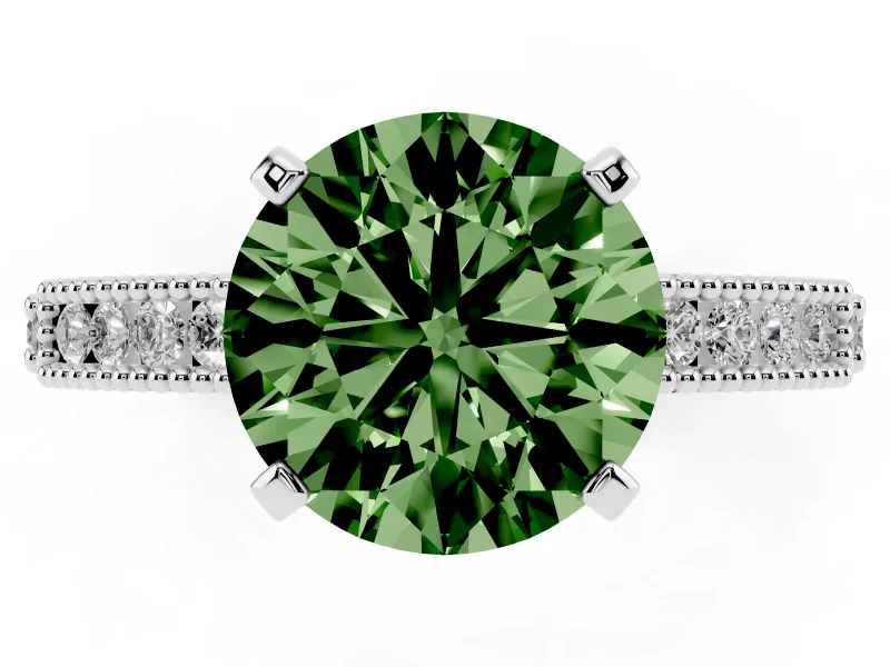 Fancy Green Round Cut Diamond Solitaire Ring Set in Platinum with Slim Pavé Band and Prong Setting