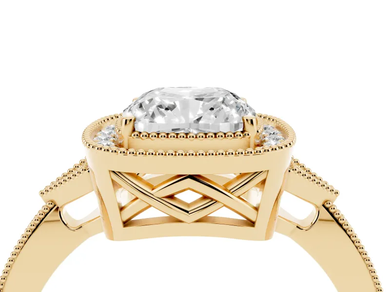 Cushion Cut Vintage Milgrain Halo Engagement Ring Setting | Graduated Pavé Band | Yellow Gold