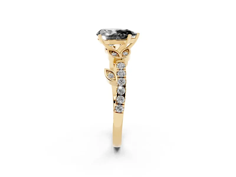 Fancy Black Pear Cut Diamond Solitaire Leaf-Inspired Ring Set in Yellow gold with Pavé Band and Prong Setting
