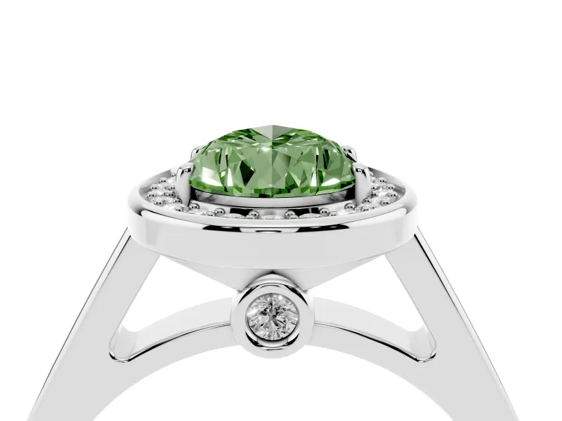 Fancy Green Pear Cut Diamond Halo Solitaire Ring Set in Silver with Pavé Band and Bezel Setting